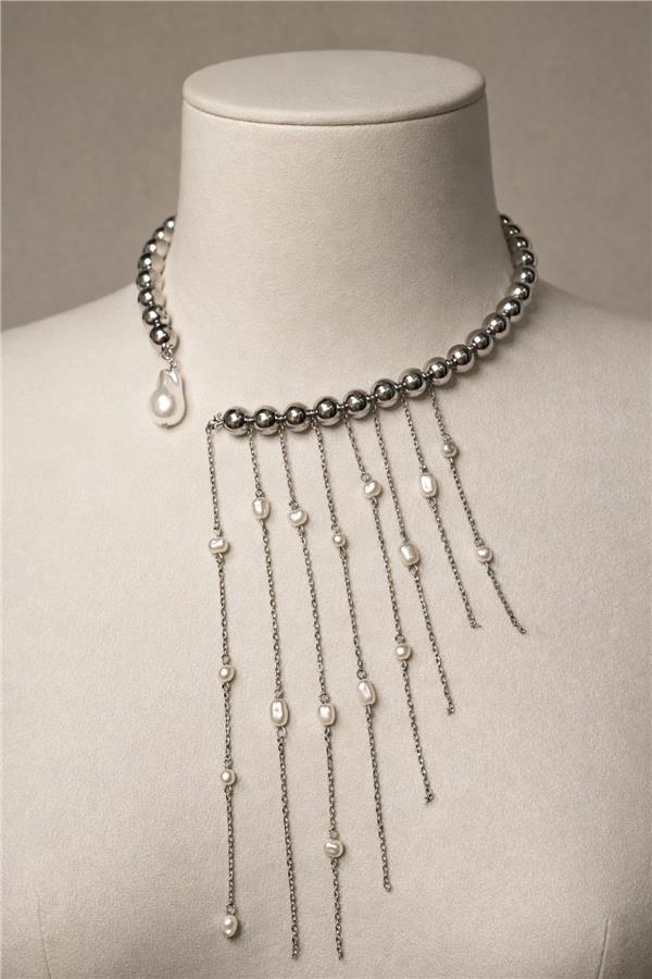 Hailey Sallantılı İnci Gümüş Renk Boncuklu Kolye